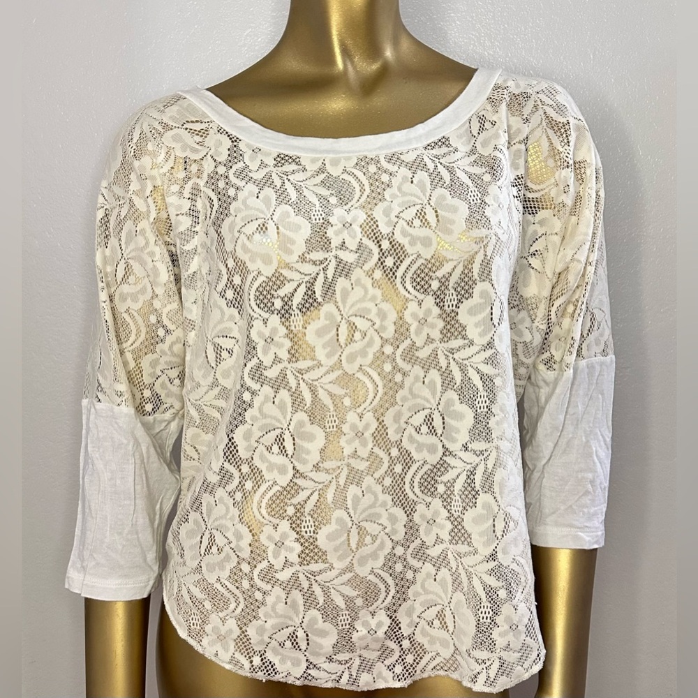 BKE Womens Floral Cottage Core Blouse Ivory Lace Top 3/4 Sleeve Sz M